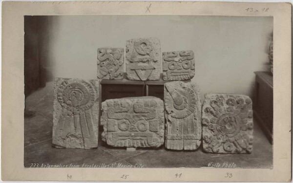 Seven stone slabs in relief.