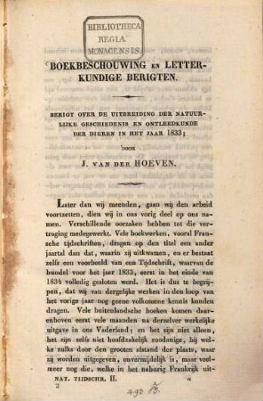 Berigt over de Mitbreiding der natuurlijke Geschiedenis en Ontleedkunde der Dieren in het Jaar 1833
