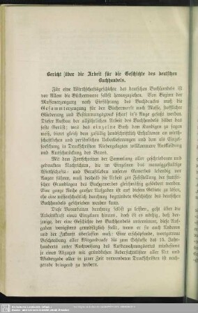 Bericht über die Arbeit für die Geschichte des deutschen Buchhandels