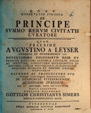 Dissertatio Ivridica De Principe Svmmo Rervm Civitatis Cvratore