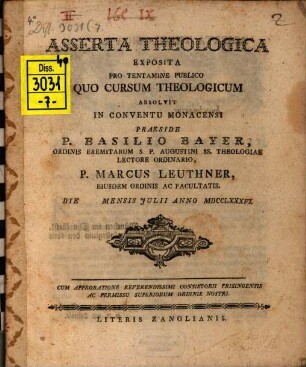 Asserta theologica : exposita pro tentamine publico