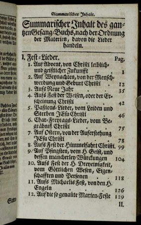 Summarischer Inhalt des gantzen Gesang-Buchs, nach der Ordnung der Materien, davon die Lieder Handeln
