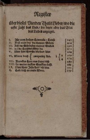 Register über dieses Vierden Theils Lieder/ wo die erste Zahl das Lied/ die letzte aber das Blat des Liedes anzeiget