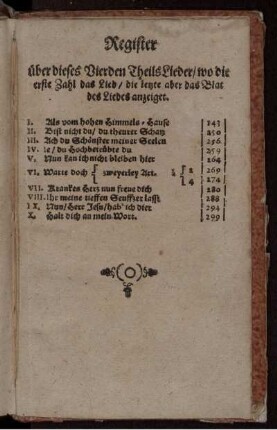 Register über dieses Vierden Theils Lieder/ wo die erste Zahl das Lied/ die letzte aber das Blat des Liedes anzeiget