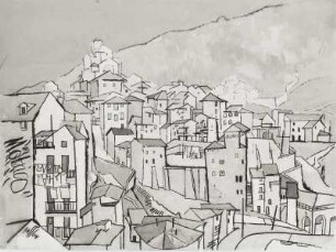 Konstruktive Stadtlandschaft vor Bergen
