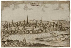 Stadtansicht von Zwickau in Sachsen von Osten über die Zwickauer Mulde