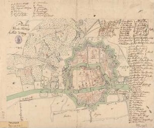 Plan der Festung Elbing, kolor. Handzeichnung, um 1750 : Plann Von der Vestung der Stadt Elbing. - [S.l.] , [um 1750?]. - 1 Plan : kolor. Handzeichng. ; Blattgr. 42 x 35 cm