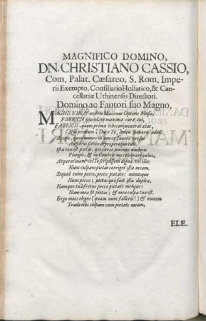 Magnifico Domino, Dn. Christiano Cassio ... Domino ac Fautori suo Magno.