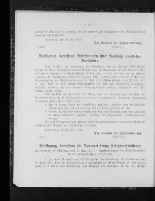 Verfügung, betreffend die Todeserklärung Kriegsverschollener