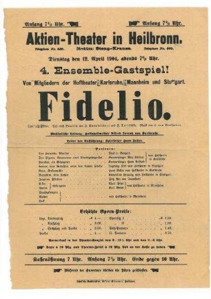 Theaterzettel des Aktien-Theaters für eine Fidelio-Aufführung (4. Ensemble-Gastspiel)