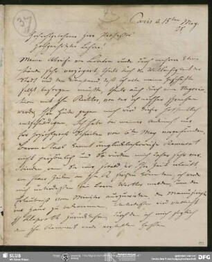 Eigenh. Brief von Christian Lassen an August Wilhelm von Schlegel, Paris, 15.05.1825