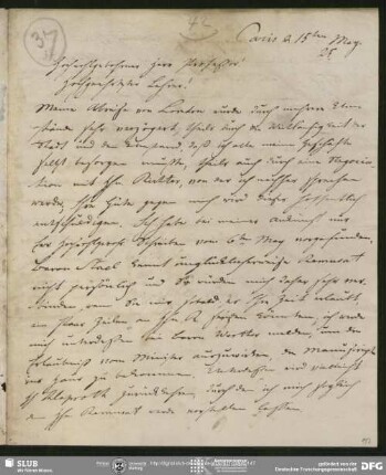 Eigenh. Brief von Christian Lassen an August Wilhelm von Schlegel, Paris, 15.05.1825