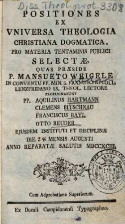 Positiones Ex Vniversa Theologia Christiana Dogmatica : Pro Materia Tentaminis Publici Selectae