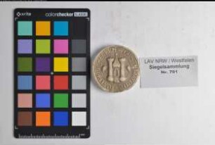 Siegler: Quakenbrück, Burgmannschaft Überlieferungsart: Nachbildung. Stoff: Gips Farbe: weiß Form: rund. Durchmesser: Art: Typ: Umschrift: