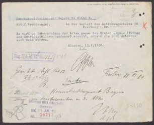 Erneutes Ersuchen des bayrischen Heeresabwicklungsamtes um Aktenübersendung sowie den Übersendungsbeschluss