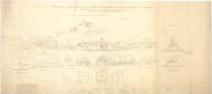 Thiersch, August ; Königssee (Bayern); prähistorische Holzbrücke - Talübergang mit dem Stangerstein als Hauptpfeiler, rekonstruiert nach den Untersuchungen im Oktober 1911 (Lageplan m. Teilgrundriss, Ansichten)