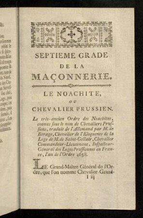 133-152, Septieme Grade De La Maçonnerie. Histoire Des Noachites, Ou Chevaliers Prussiens. Errata.