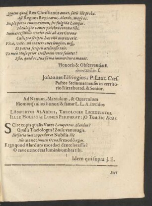 Ad Nanum, Marculum, & Quarculum Momosq[ue] alios honori & famae L.L. A. invidos Lampertus Alardus ...