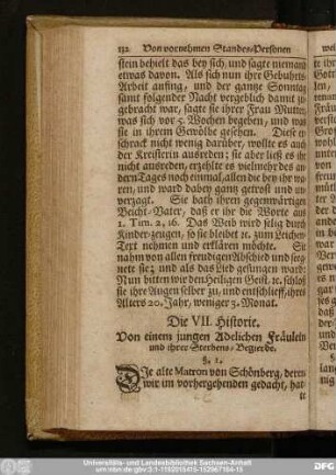 Die VII. Historie. Von einem jungen Adelichen Fräulein und ihrer Sterbens-Begierde.