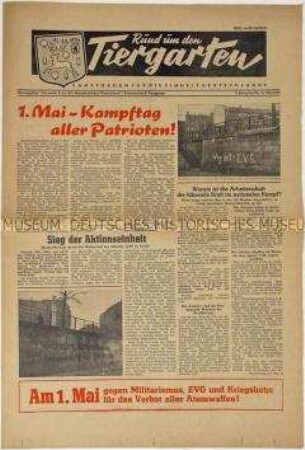 Zeitung der Nationalen Front für den West-Berliner Bezirk Tiergarten u.a. zum 1. Mai 1954