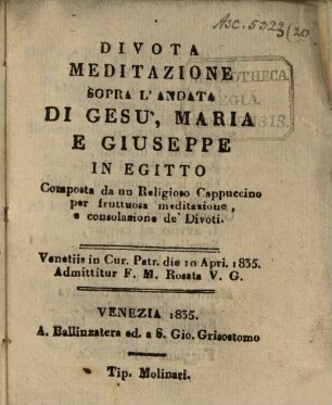 Divota Meditazione sopra l'andata di gesu Maria e Giuseppe in Egitto
