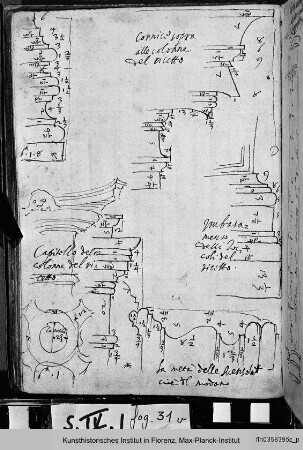 Biblioteca Laurenziana in Florenz : Basen, Kapitelle und Gesims des Vestibüls