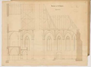 Dorfkirche mit 300 Sitzplätzen Monatskonkurrenz Januar 1865: Längsschnitt; 1.60, Maßstabsleiste