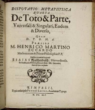 Disputatio Metaphysica Quarta De Toto & Parte, Universali & Singulari, Eodem & Diverso