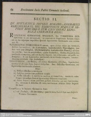 Sectio II. Des Specialibus Imperii Romano - Germanici Rebuspublicis, Seu Territoriis Statuum imperii Eorumque Cum Universali Republica Germanica Nexu