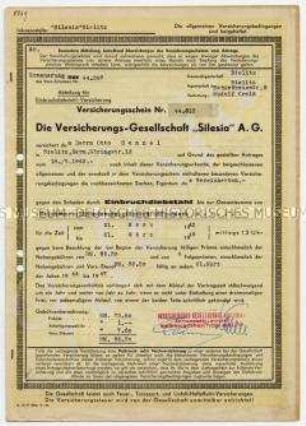 Versicherungsschein zur Versicherung gegen Einbruch - Familienkonvolut