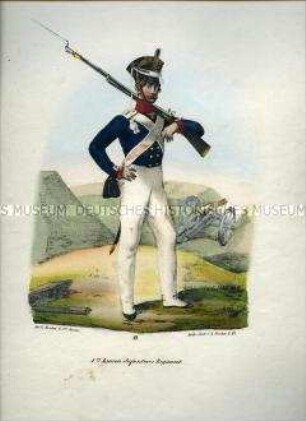 Uniformdarstellung, Infanterist des 1. Linien-Infanterie-Regiments, Preußen 1830. Aus: Elzholz u.a.: Das Preussische Heer. Tafel 19.