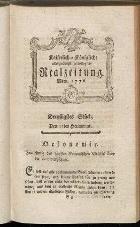 Dreyßigstes Stück; Den 23ten Heumonat. Wien, 1776.