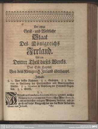 Der jetzige Geist- und Weltliche Staat Des Königreichs Irrland. Als ein Dritter Theil dieses Wercks