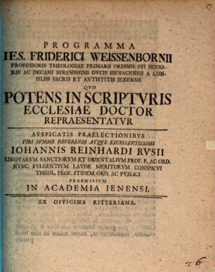 Progr[amma] quo potens in Scripturis ecclesiae doctor repraesentatur
