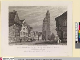 Der Wollmarkt mit der Andreaskirche zu Braunschweig bei der Brücke der Neustadtmühle aus gesehen