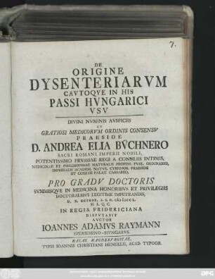 De Origine Dysenteriarvm Cavtoqve In His Passi Hvngarici Vsv