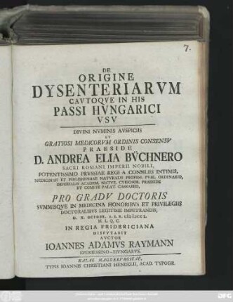 De Origine Dysenteriarvm Cavtoqve In His Passi Hvngarici Vsv