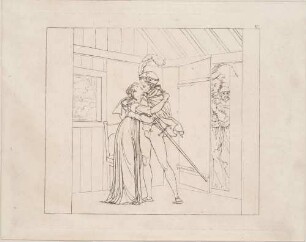 Zu Goethes "Faust": Blatt 15: Gartenhäuschen (Faust küsst Gretchen, Mephisto und Marthe hinter der Tür)