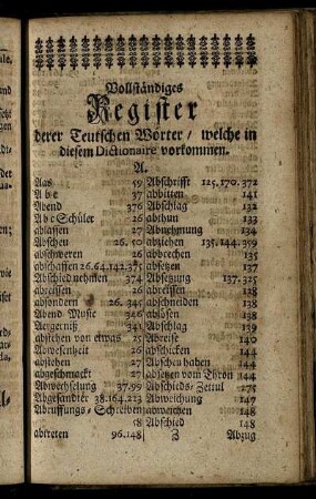 Vollständiges Register derer Teutschen Wörter/ welche in diesem Dictionaire vorkommen.
