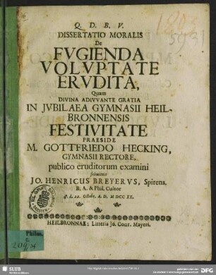 Dissertatio Moralis De Fugienda Voluptate Erudita