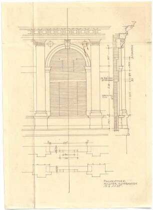 Döllgast, Hans; München; Alte Pinakothek, Wiederaufbau - Fenster Kopfbauten (Grundriss; Ansicht; Schnitt)