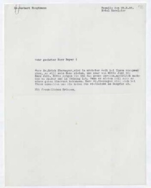 Brief von Gerhart Hauptmann an Herbert Beyer