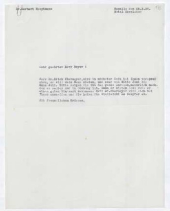 Brief von Gerhart Hauptmann an Herbert Beyer
