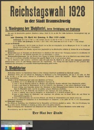 Bekanntmachung der Stadt Braunschweig zur Organisation der Reichstagswahl am 20. Mai 1928