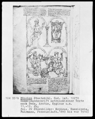 Michael Scotus - Astrologie. Sammelhandschrift astronomischer Texte nach Beda Venerabilis Aratus, Hyginus, Isidor von Sevilla — Vier Sternbilder - Kepheus, Kassiopeia, Fuhrmann und Perseus, Folio 2verso