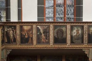 Emporenbrüstung mit Szenen des Alten und Neuen Testamentes und mit Tugenddarstellungen — Ecce Homo, Christus im Garten Gethsemane und die Kardinaltugenden