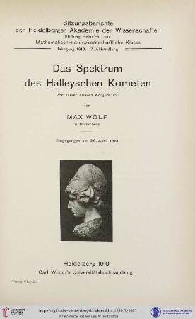1910, 7. Abhandlung: Sitzungsberichte der Heidelberger Akademie der Wissenschaften, Mathematisch-Naturwissenschaftliche Klasse: Das Spektrum des Halleyschen Kometen vor seiner oberen Konjunktion