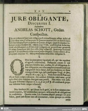 De Iure Obligante, Discursus I. Defendens Andreas Schott, Gedan. Conspectus