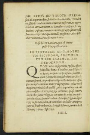 In Epistolam Ad Timotheum Secundam, Argumentum Per Erasmum Roterodamum.