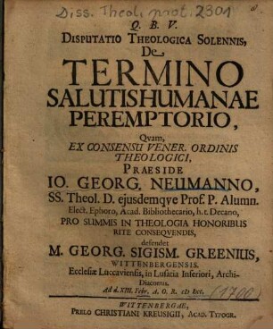 Disputatio Theologica Solennis, De Termino Salutis Humanae Peremptorio